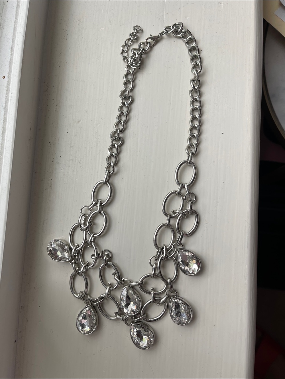 Silver-Tone Statement Necklace with Clear Teardrop Crystals